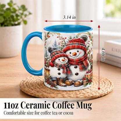 #pl[11oz|Blue] Snowman Family Coffee Mug, Rustic Winter Mug, Ceramic Cup