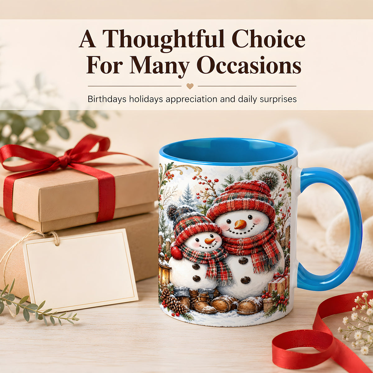 #pl[11oz|Blue] Snowman Family Coffee Mug, Rustic Winter Mug, Ceramic Cup