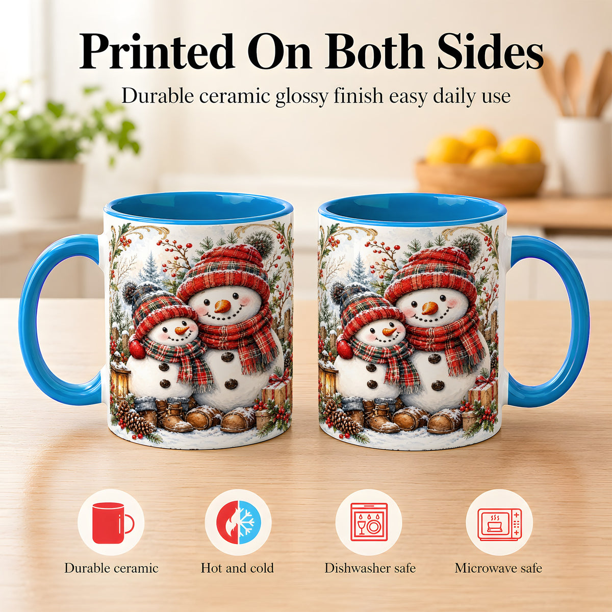 #pl[11oz|Blue] Snowman Family Coffee Mug, Rustic Winter Mug, Ceramic Cup