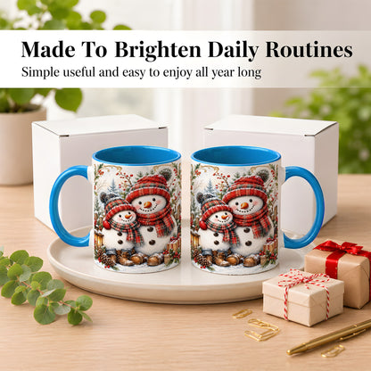 #pl[11oz|Blue] Snowman Family Coffee Mug, Rustic Winter Mug, Ceramic Cup