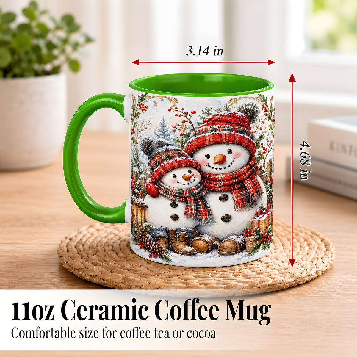 #pl[11oz|Green] Snowman Family Coffee Mug, Rustic Winter Mug, Ceramic Cup