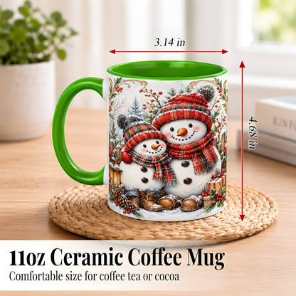 #pl[11oz|Green] Snowman Family Coffee Mug, Rustic Winter Mug, Ceramic Cup