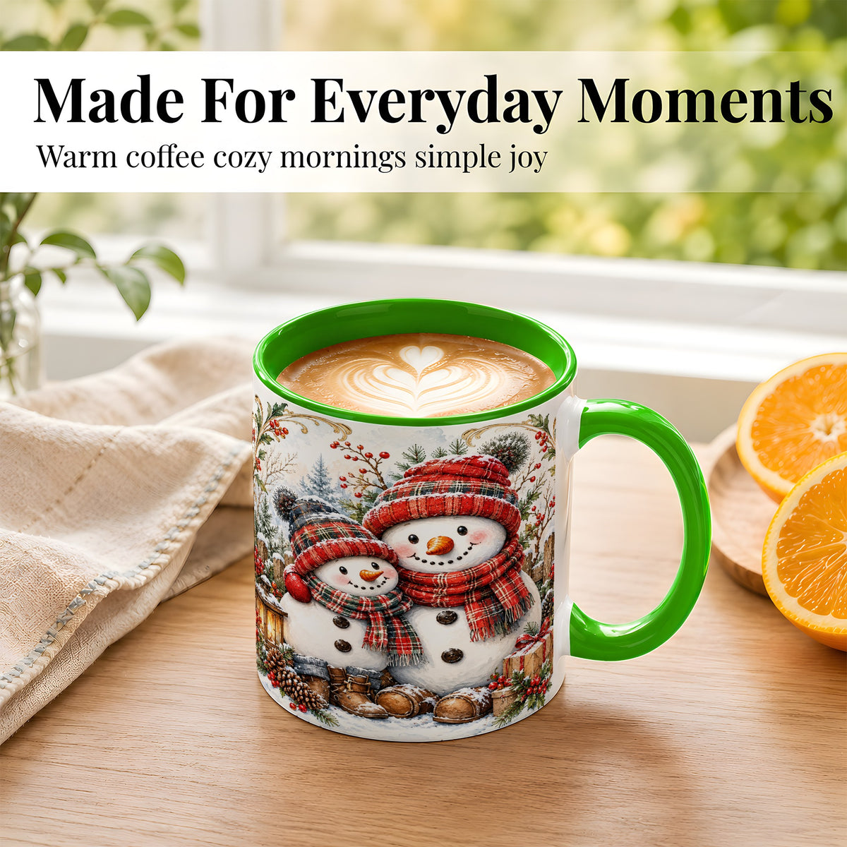 #pl[11oz|Green] Snowman Family Coffee Mug, Rustic Winter Mug, Ceramic Cup