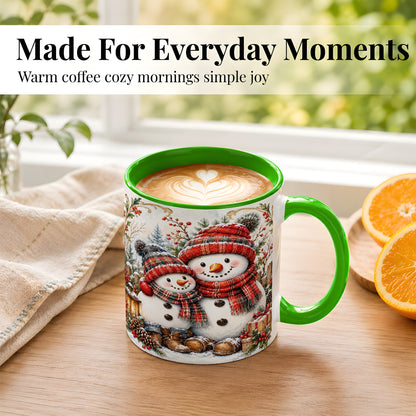 #pl[11oz|Green] Snowman Family Coffee Mug, Rustic Winter Mug, Ceramic Cup