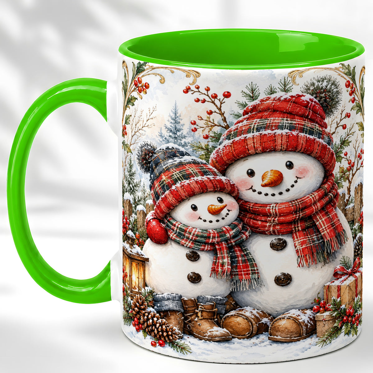 #pl[11oz|Green] Snowman Family Coffee Mug, Rustic Winter Mug, Ceramic Cup