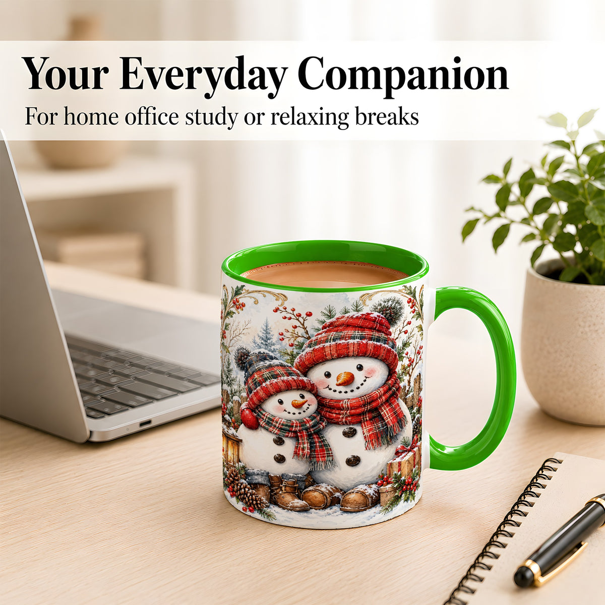 #pl[11oz|Green] Snowman Family Coffee Mug, Rustic Winter Mug, Ceramic Cup