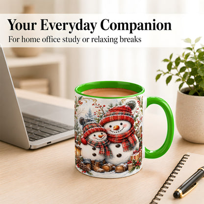 #pl[11oz|Green] Snowman Family Coffee Mug, Rustic Winter Mug, Ceramic Cup