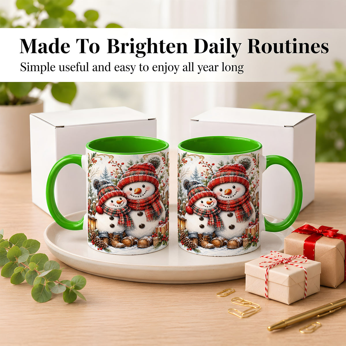 #pl[11oz|Green] Snowman Family Coffee Mug, Rustic Winter Mug, Ceramic Cup