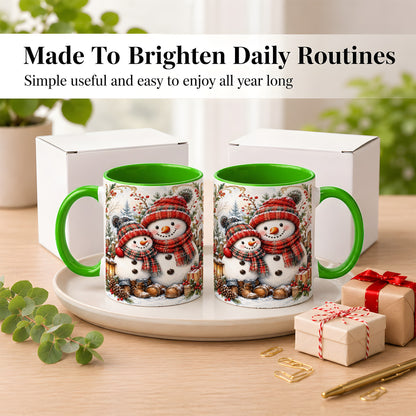 #pl[11oz|Green] Snowman Family Coffee Mug, Rustic Winter Mug, Ceramic Cup