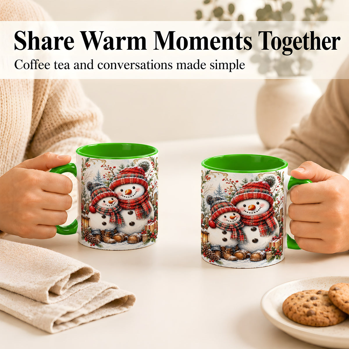 #pl[11oz|Green] Snowman Family Coffee Mug, Rustic Winter Mug, Ceramic Cup