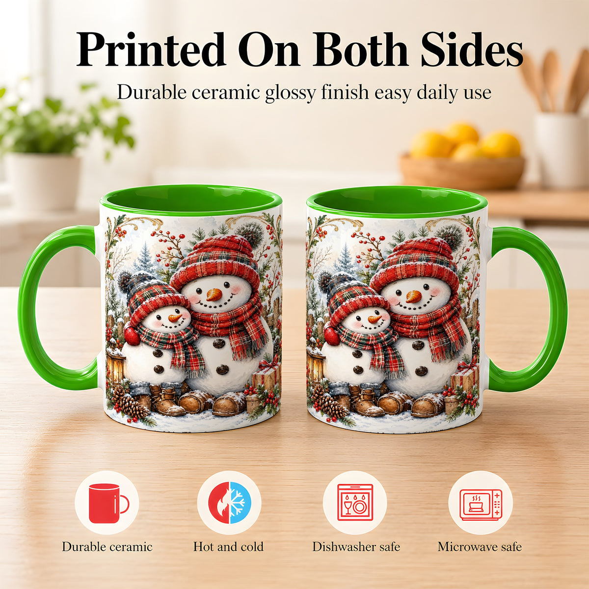 #pl[11oz|Green] Snowman Family Coffee Mug, Rustic Winter Mug, Ceramic Cup