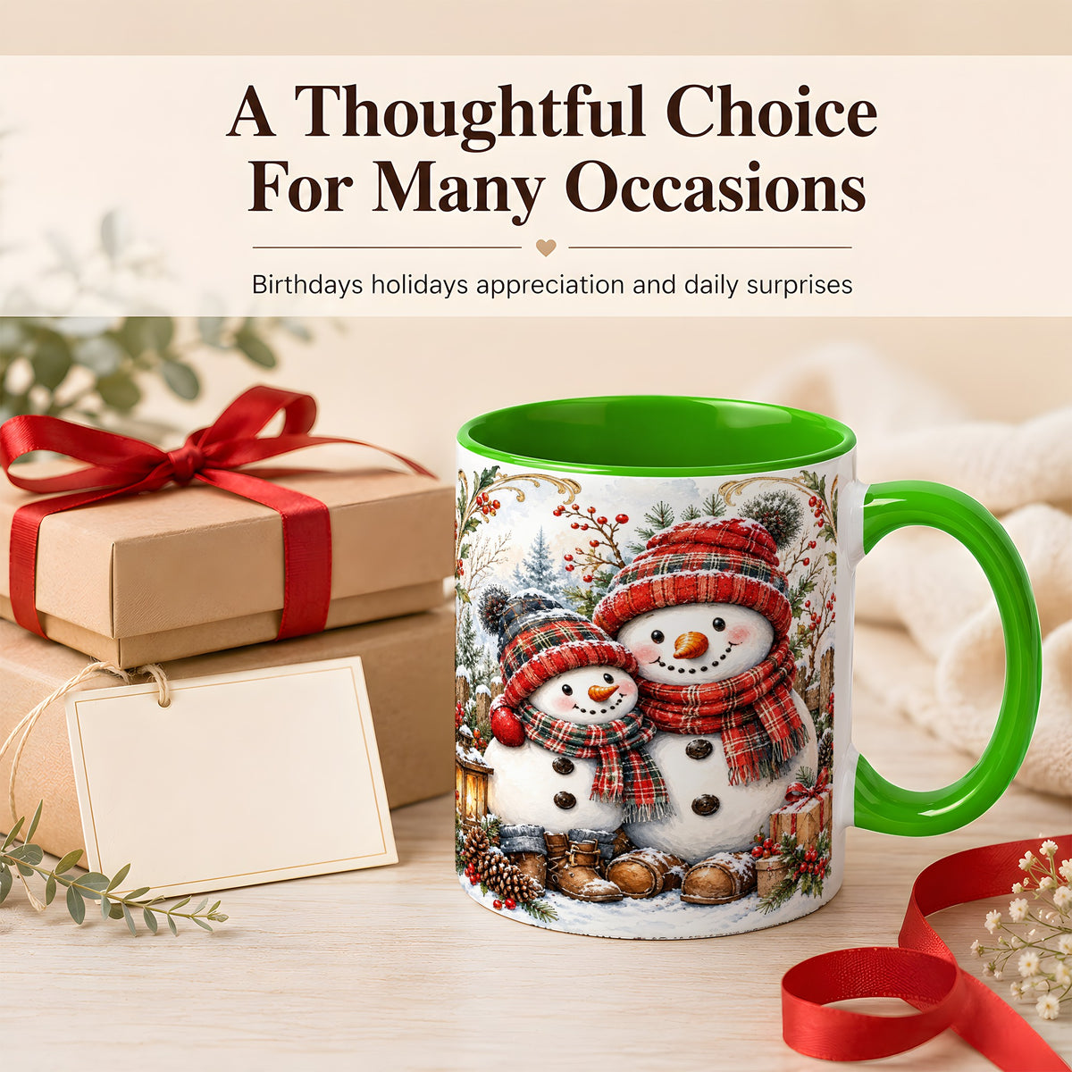 #pl[11oz|Green] Snowman Family Coffee Mug, Rustic Winter Mug, Ceramic Cup