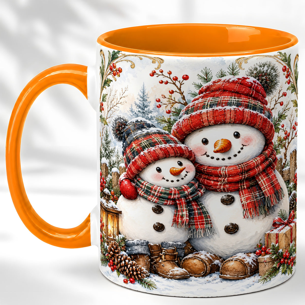#pl[11oz|Orange] Snowman Family Coffee Mug, Rustic Winter Mug, Ceramic Cup