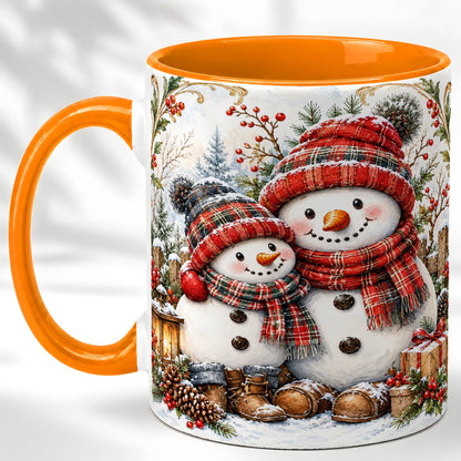 #pl[11oz|Orange] Snowman Family Coffee Mug, Rustic Winter Mug, Ceramic Cup