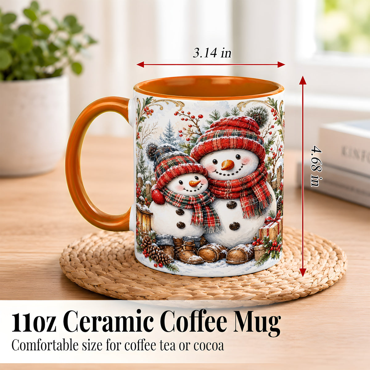 #pl[11oz|Orange] Snowman Family Coffee Mug, Rustic Winter Mug, Ceramic Cup