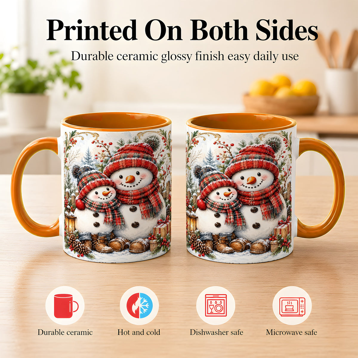 #pl[11oz|Orange] Snowman Family Coffee Mug, Rustic Winter Mug, Ceramic Cup