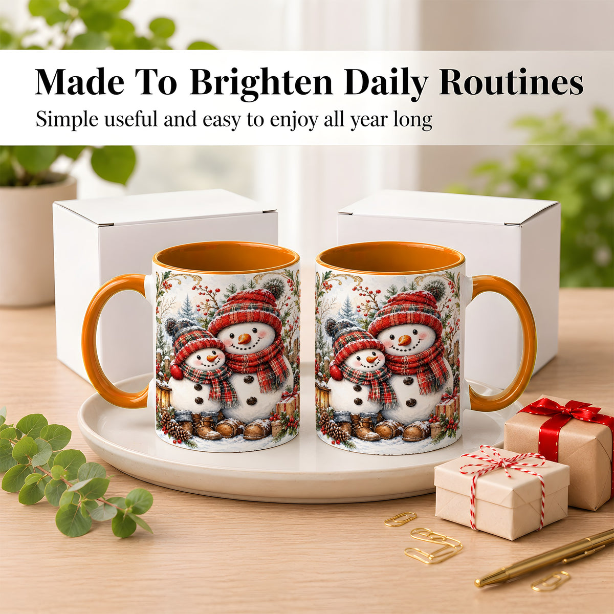 #pl[11oz|Orange] Snowman Family Coffee Mug, Rustic Winter Mug, Ceramic Cup