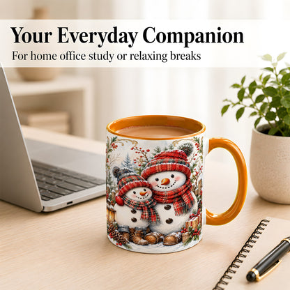 #pl[11oz|Orange] Snowman Family Coffee Mug, Rustic Winter Mug, Ceramic Cup