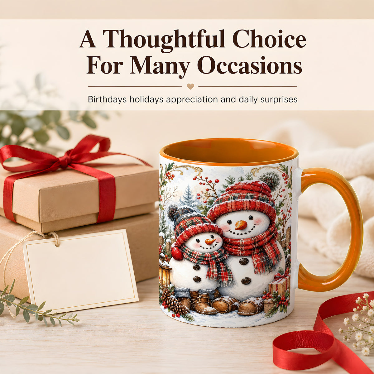 #pl[11oz|Orange] Snowman Family Coffee Mug, Rustic Winter Mug, Ceramic Cup