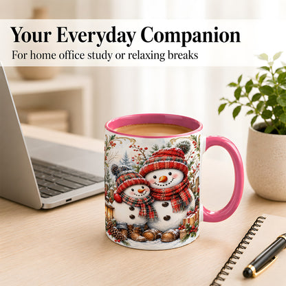 #pl[11oz|Pink] Snowman Family Coffee Mug, Rustic Winter Mug, Ceramic Cup