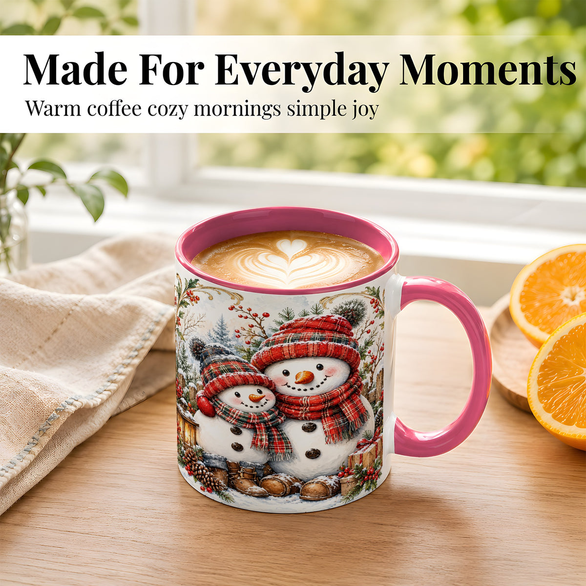 #pl[11oz|Pink] Snowman Family Coffee Mug, Rustic Winter Mug, Ceramic Cup
