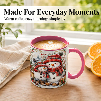 #pl[11oz|Pink] Snowman Family Coffee Mug, Rustic Winter Mug, Ceramic Cup