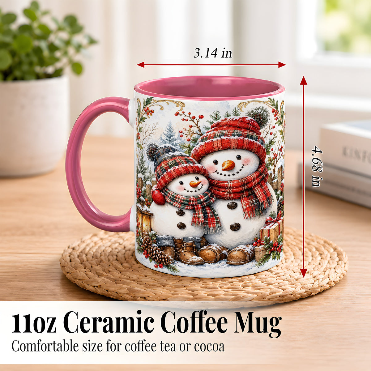 #pl[11oz|Pink] Snowman Family Coffee Mug, Rustic Winter Mug, Ceramic Cup