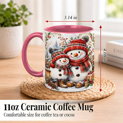 #pl[11oz|Pink] Snowman Family Coffee Mug, Rustic Winter Mug, Ceramic Cup