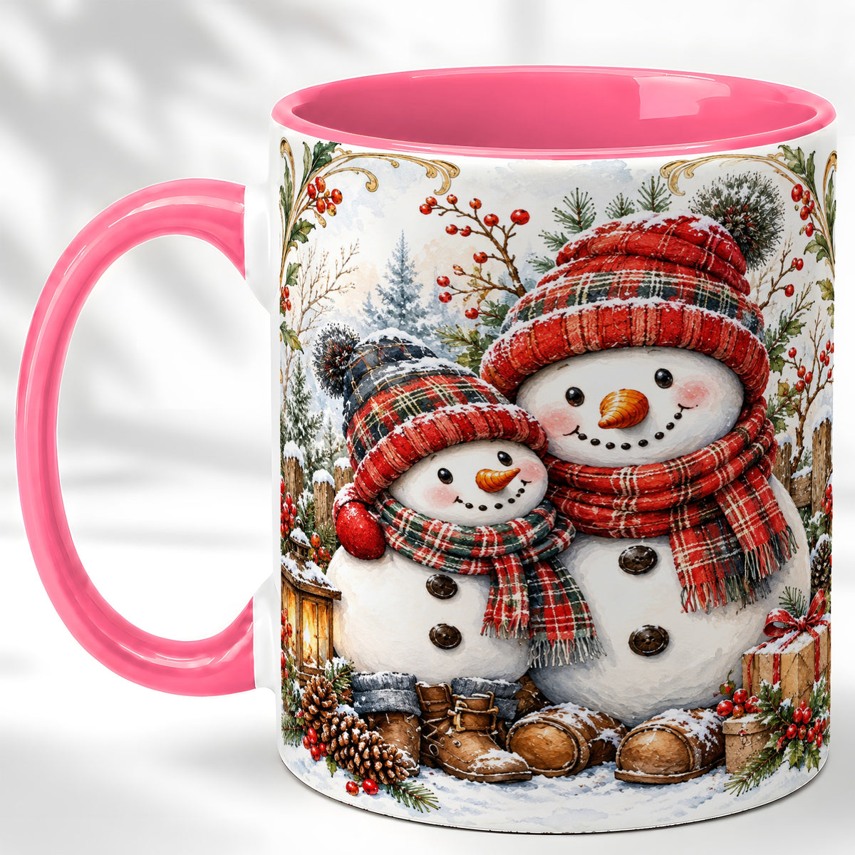 #pl[11oz|Pink] Snowman Family Coffee Mug, Rustic Winter Mug, Ceramic Cup