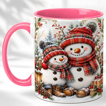 #pl[11oz|Pink] Snowman Family Coffee Mug, Rustic Winter Mug, Ceramic Cup