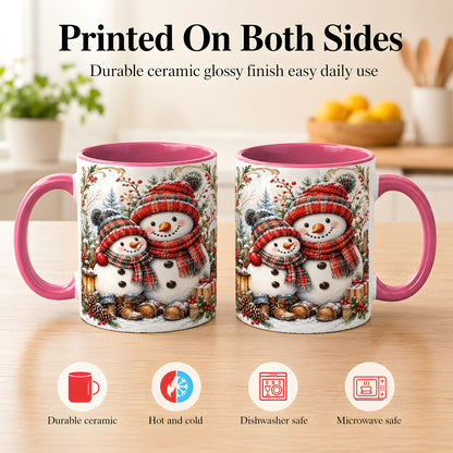 #pl[11oz|Pink] Snowman Family Coffee Mug, Rustic Winter Mug, Ceramic Cup