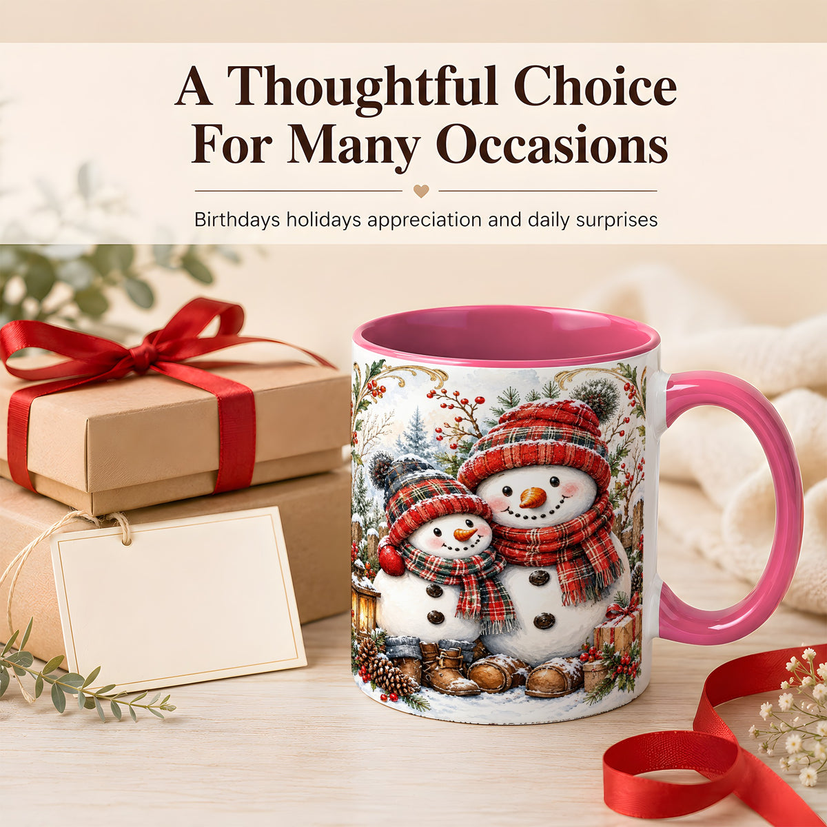 #pl[11oz|Pink] Snowman Family Coffee Mug, Rustic Winter Mug, Ceramic Cup