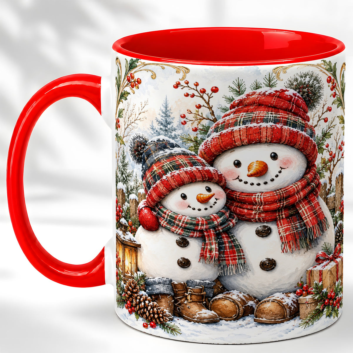 Snowman Family Coffee Mug, Rustic Winter Mug, Ceramic Cup