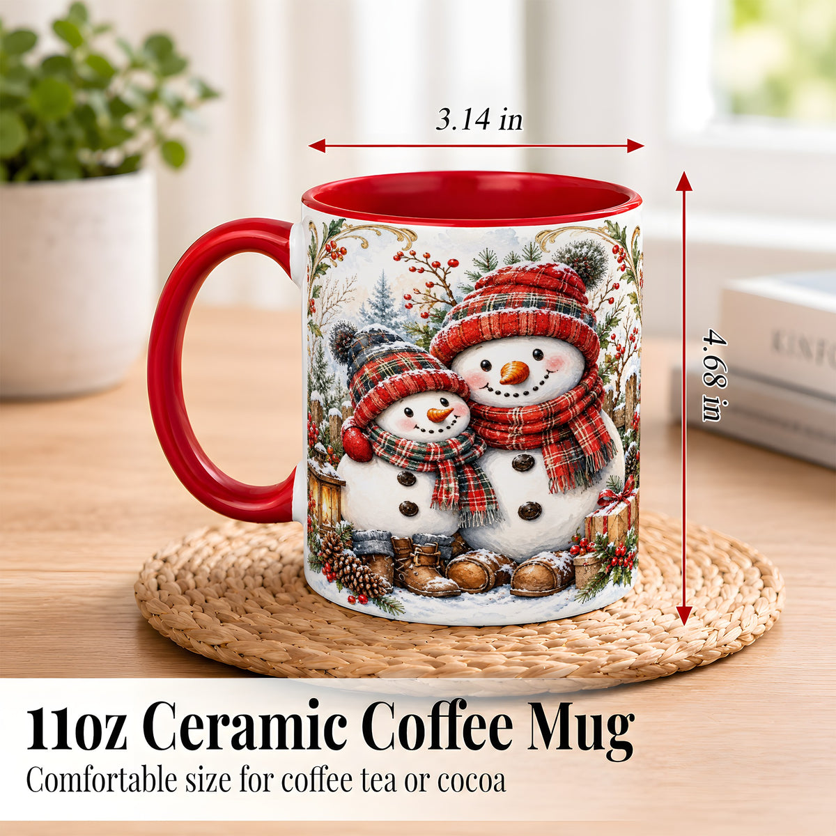 #pl[11oz|Red] Snowman Family Coffee Mug, Rustic Winter Mug, Ceramic Cup