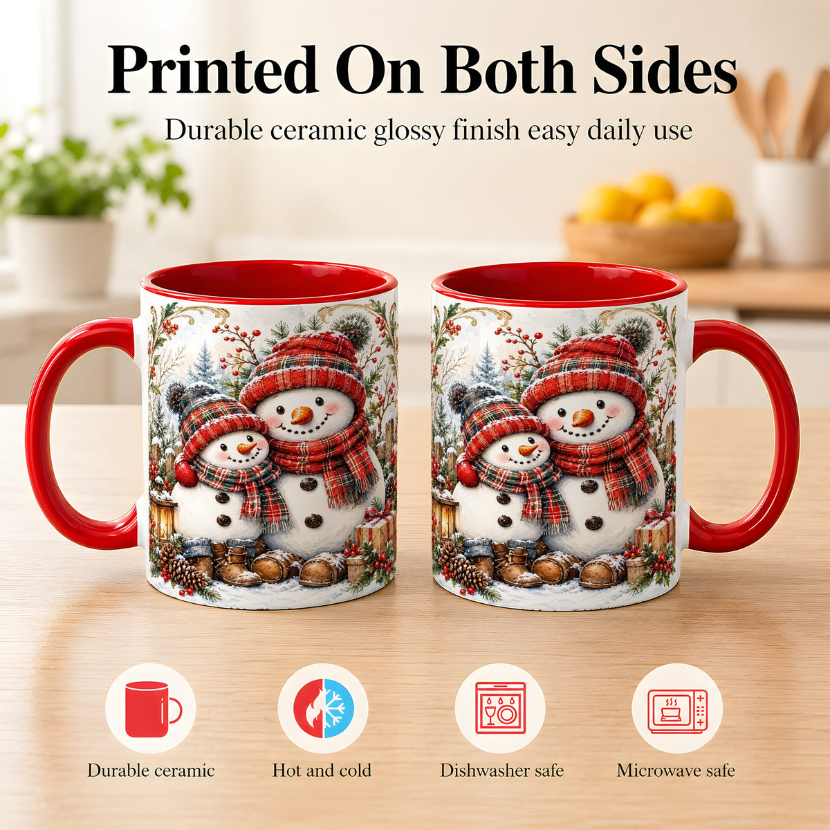 #pl[11oz|Red] Snowman Family Coffee Mug, Rustic Winter Mug, Ceramic Cup