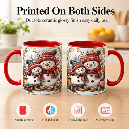 #pl[11oz|Red] Snowman Family Coffee Mug, Rustic Winter Mug, Ceramic Cup