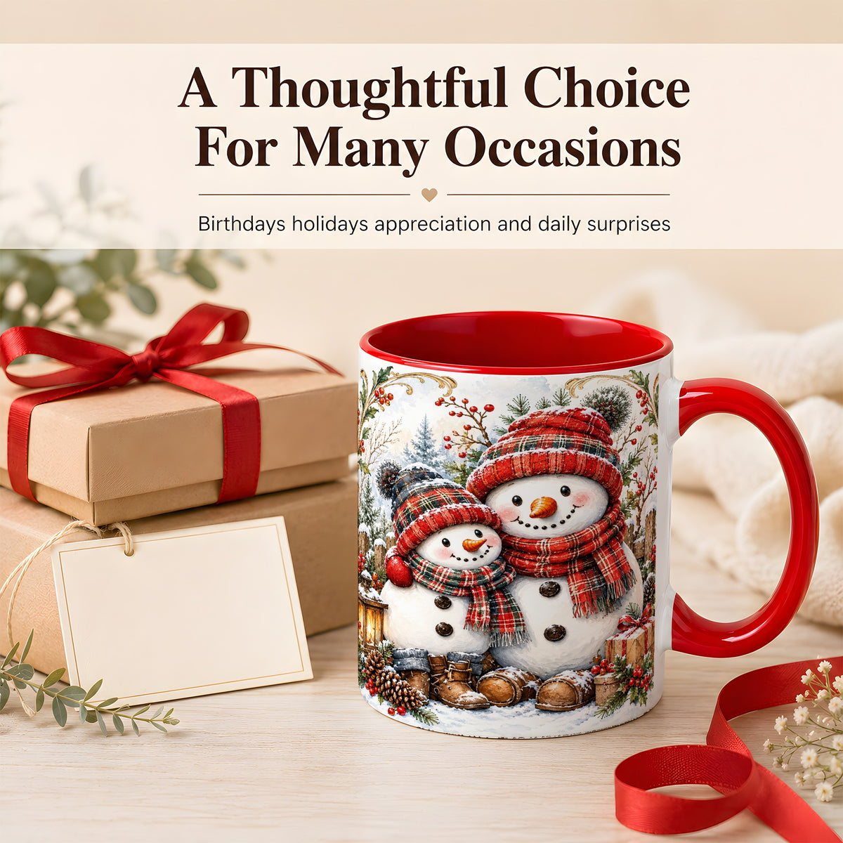 #pl[11oz|Red] Snowman Family Coffee Mug, Rustic Winter Mug, Ceramic Cup