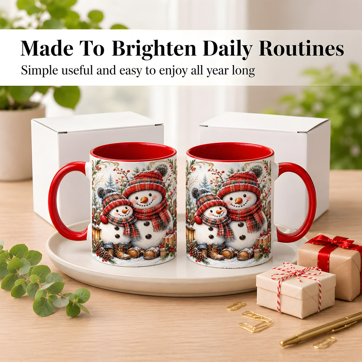 #pl[11oz|Red] Snowman Family Coffee Mug, Rustic Winter Mug, Ceramic Cup