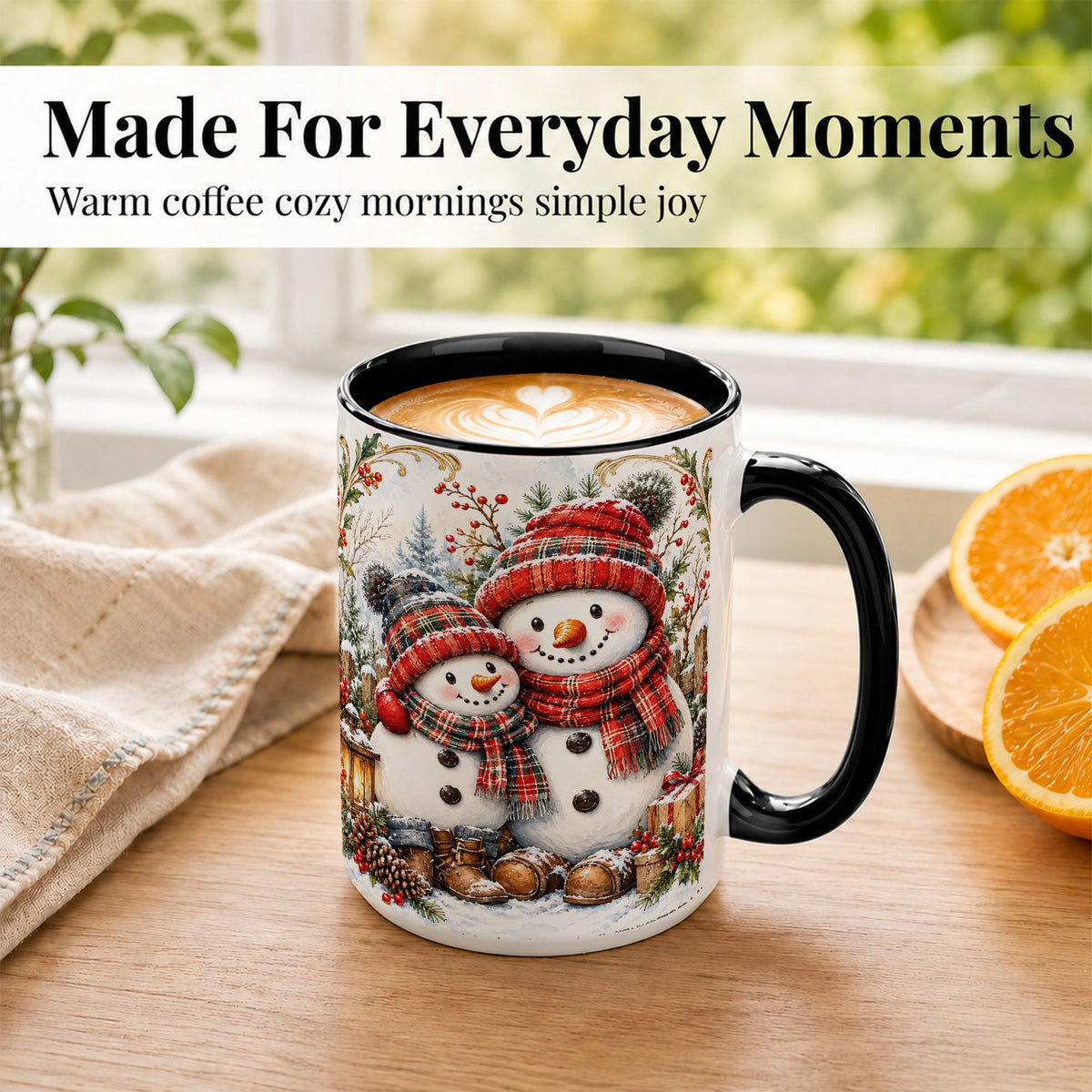 #pl[15oz|Black] Snowman Family Coffee Mug, Rustic Winter Mug, Ceramic Cup