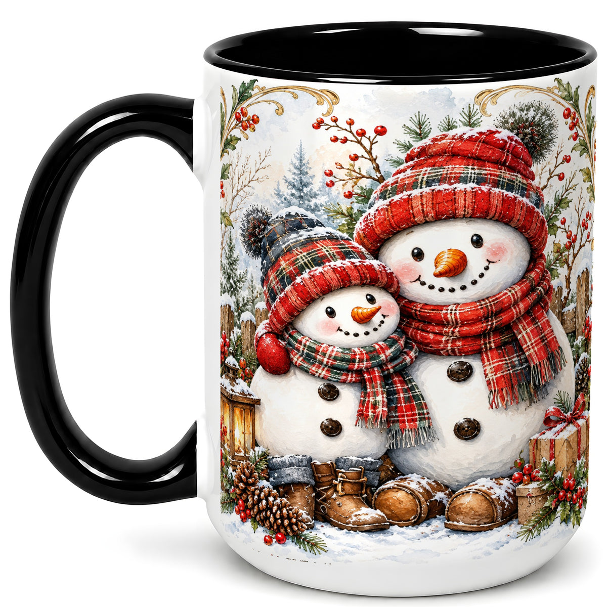 #pl[15oz|Black] Snowman Family Coffee Mug, Rustic Winter Mug, Ceramic Cup