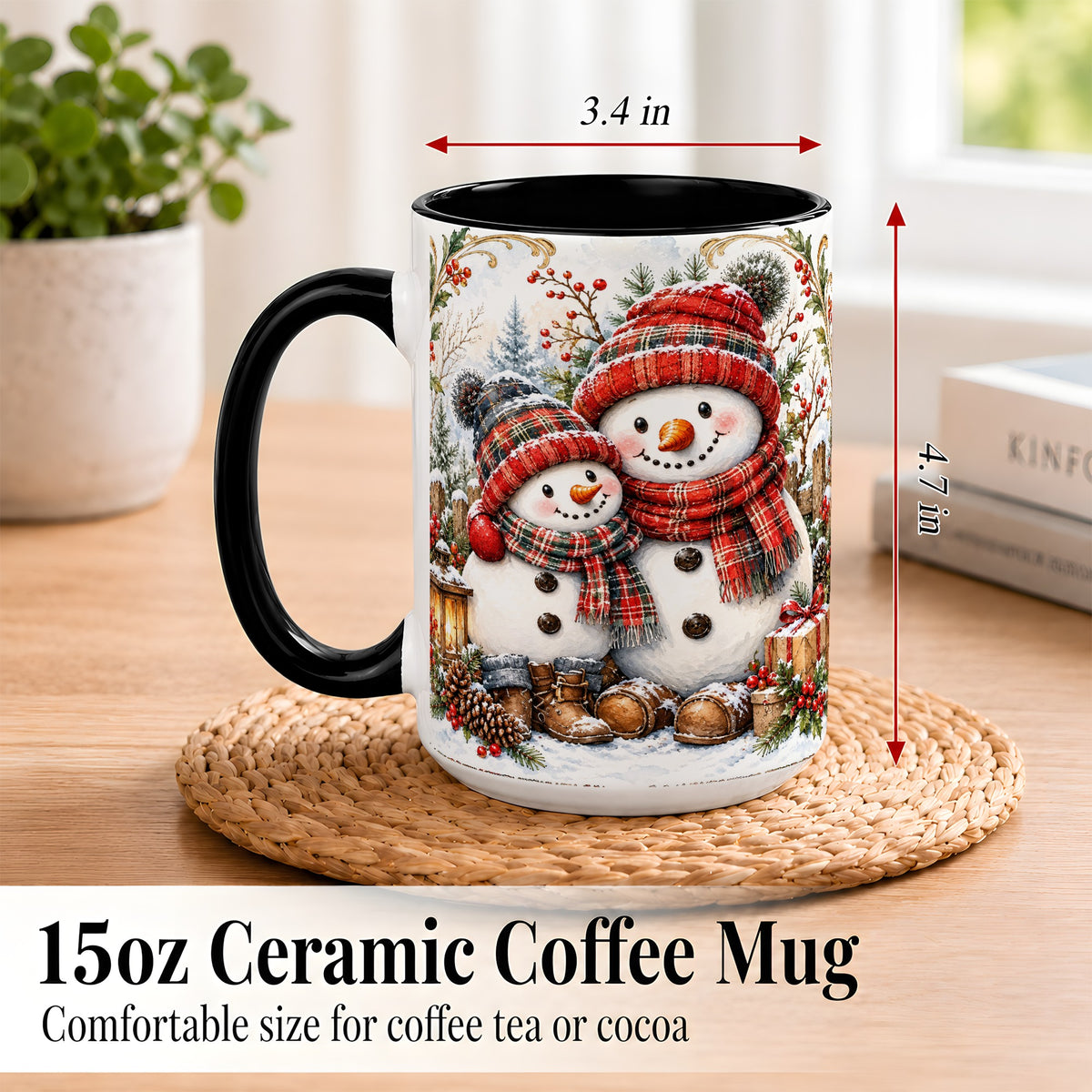 #pl[15oz|Black] Snowman Family Coffee Mug, Rustic Winter Mug, Ceramic Cup