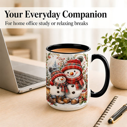 #pl[15oz|Black] Snowman Family Coffee Mug, Rustic Winter Mug, Ceramic Cup