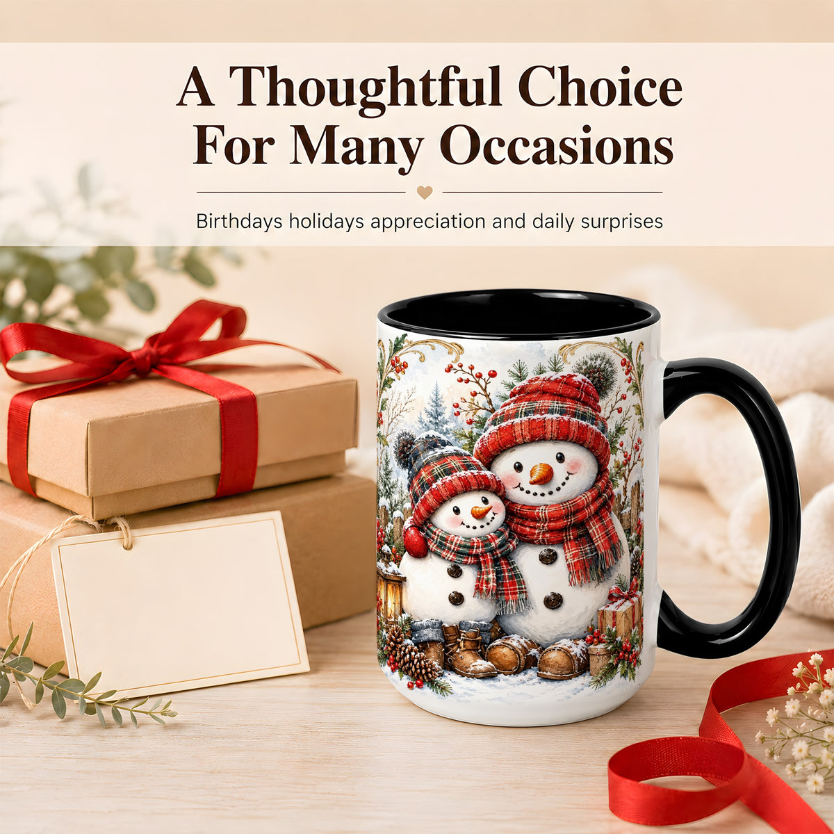 #pl[15oz|Black] Snowman Family Coffee Mug, Rustic Winter Mug, Ceramic Cup