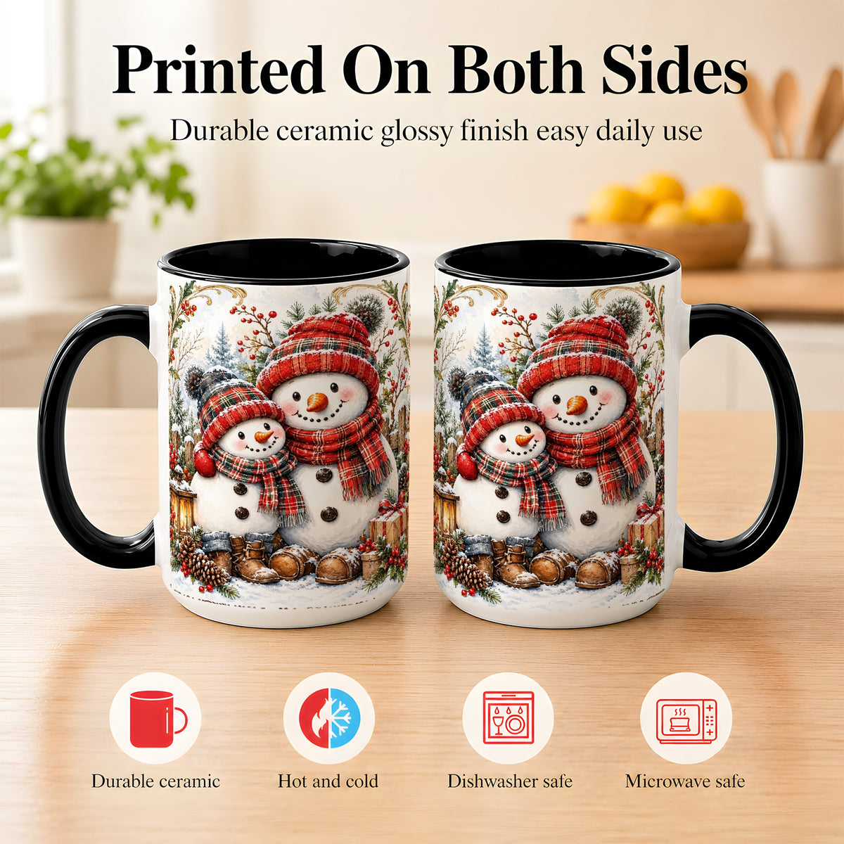 #pl[15oz|Black] Snowman Family Coffee Mug, Rustic Winter Mug, Ceramic Cup