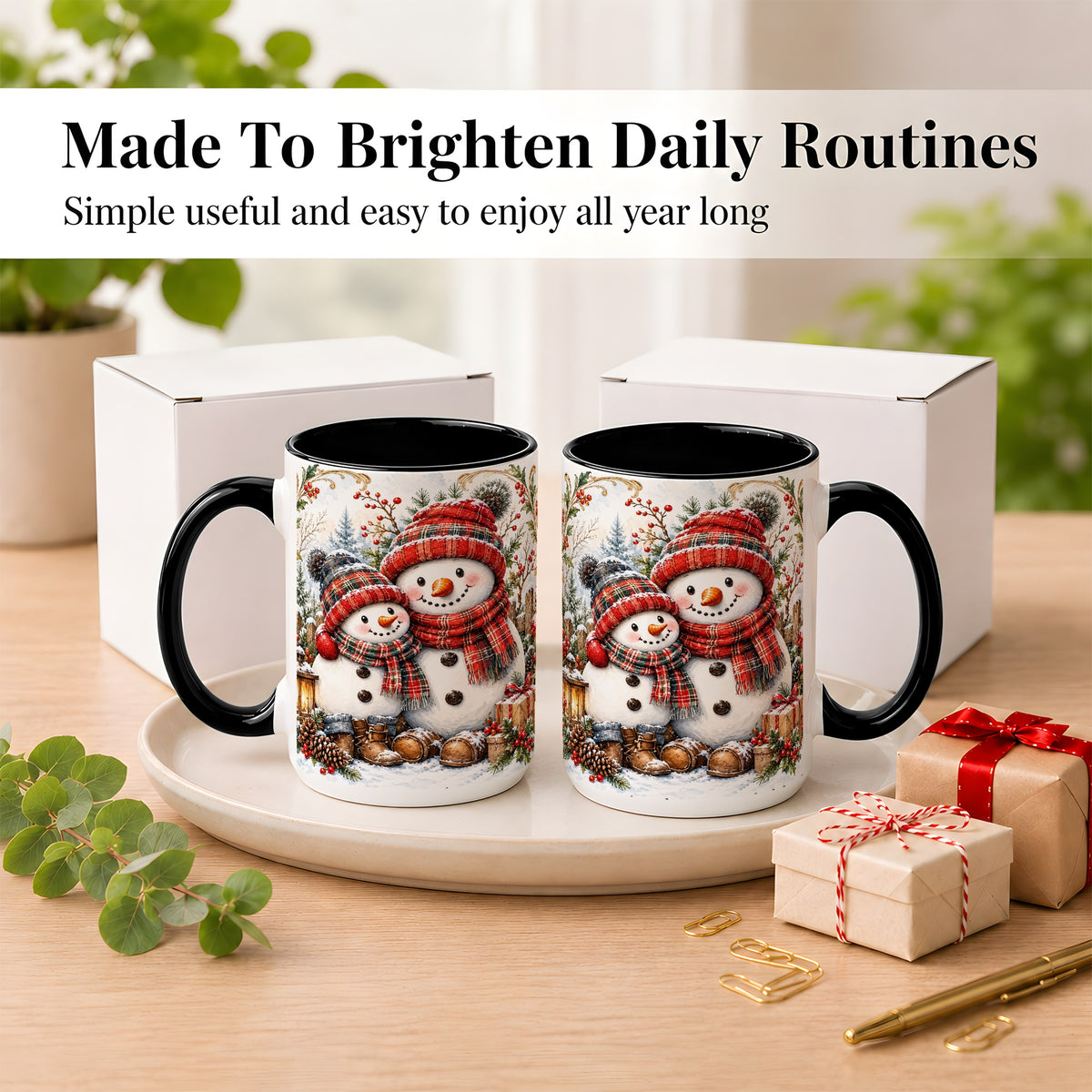 #pl[15oz|Black] Snowman Family Coffee Mug, Rustic Winter Mug, Ceramic Cup