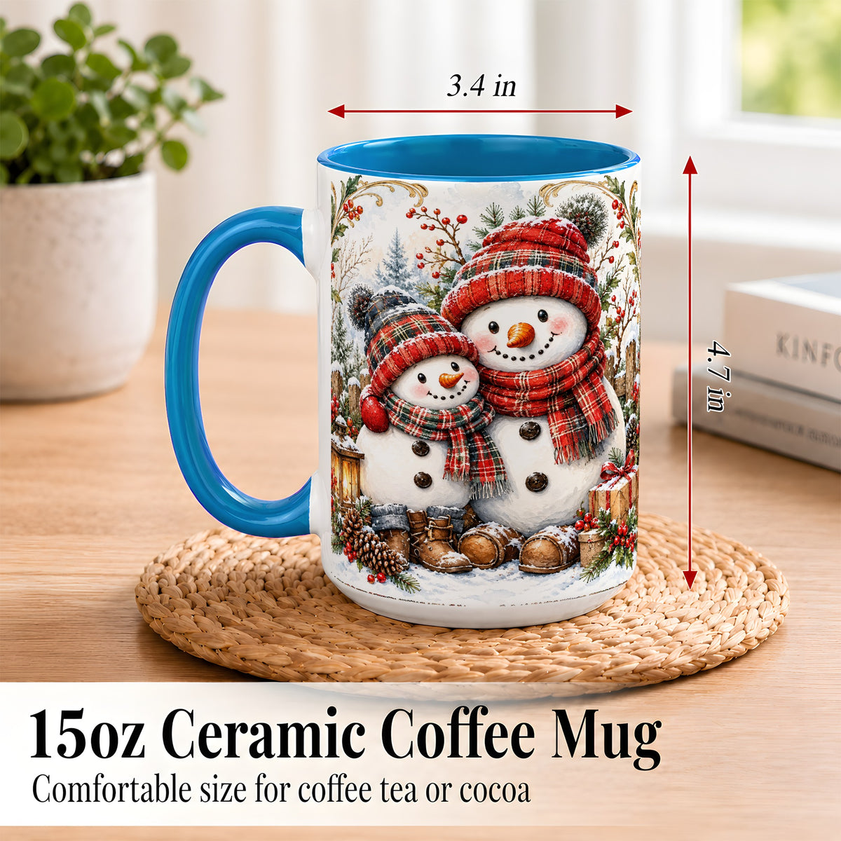 #pl[15oz|Blue] Snowman Family Coffee Mug, Rustic Winter Mug, Ceramic Cup