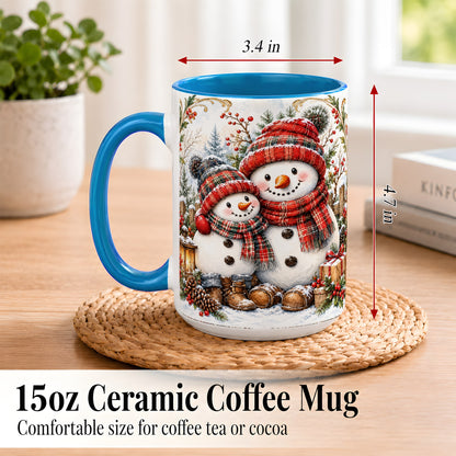 #pl[15oz|Blue] Snowman Family Coffee Mug, Rustic Winter Mug, Ceramic Cup