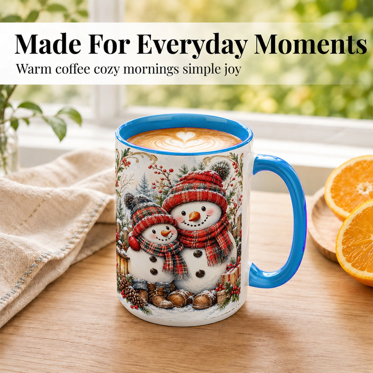 #pl[15oz|Blue] Snowman Family Coffee Mug, Rustic Winter Mug, Ceramic Cup