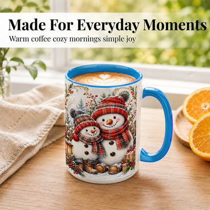 #pl[15oz|Blue] Snowman Family Coffee Mug, Rustic Winter Mug, Ceramic Cup
