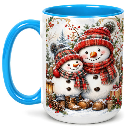 #pl[15oz|Blue] Snowman Family Coffee Mug, Rustic Winter Mug, Ceramic Cup